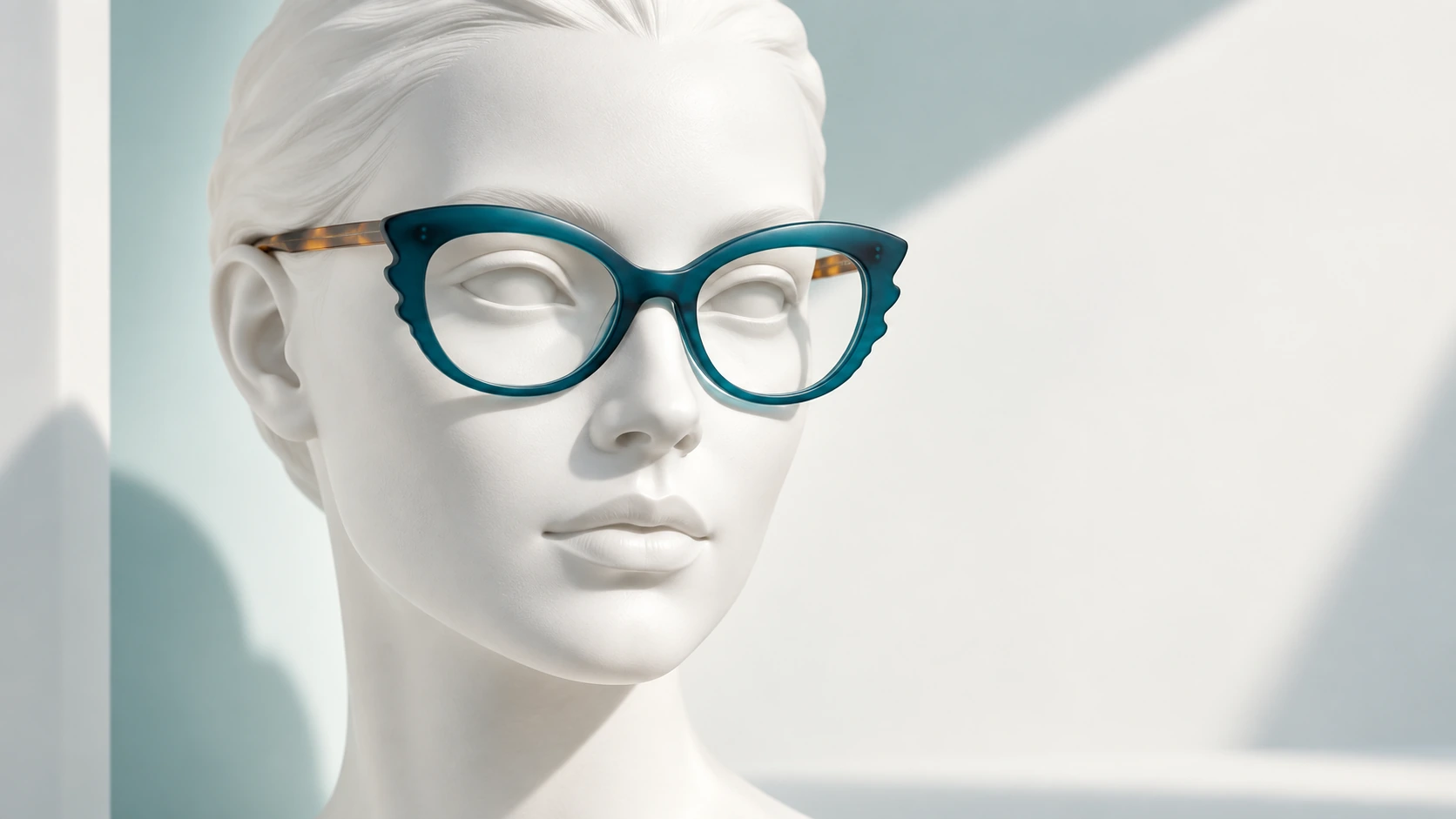 GLARE Melania optical frame — white mannequin campaign hero