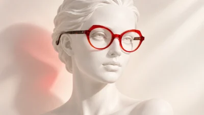 GLARE Tecla optical frame — white mannequin campaign hero